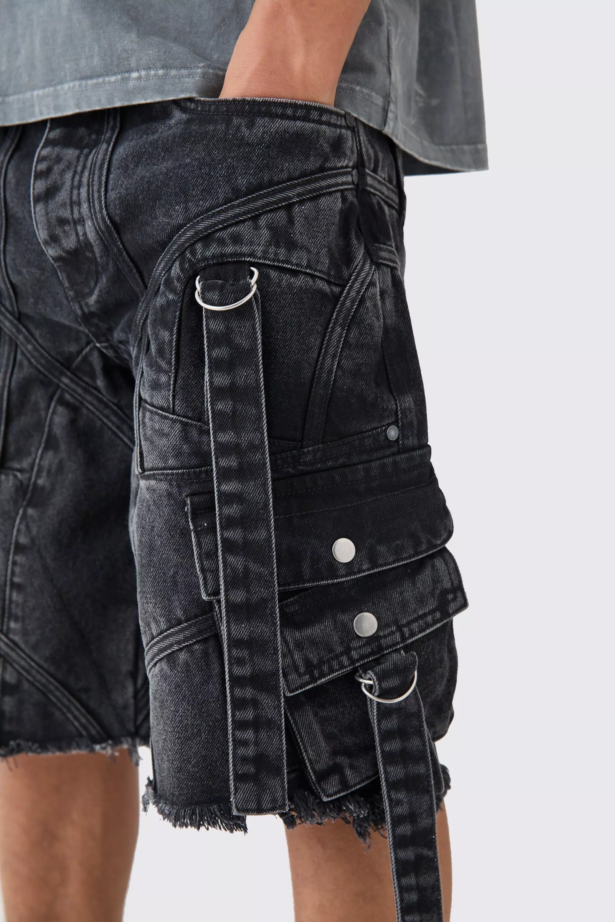 Oversized Strap And Buckle Detail Denim Jorts | boohooMAN USA